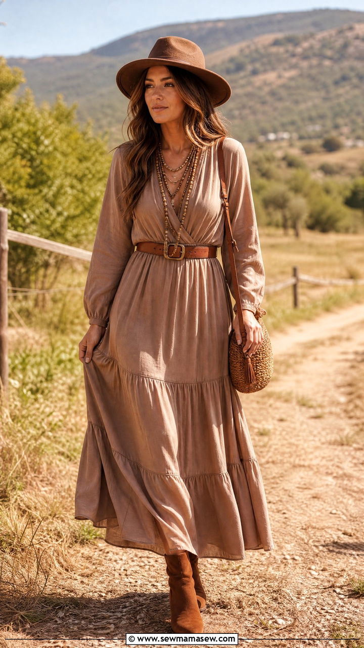Mocha Mousse Maxi Dress With Tan Belt and Suede Boots - 25 Mocha mousse outfit ideas