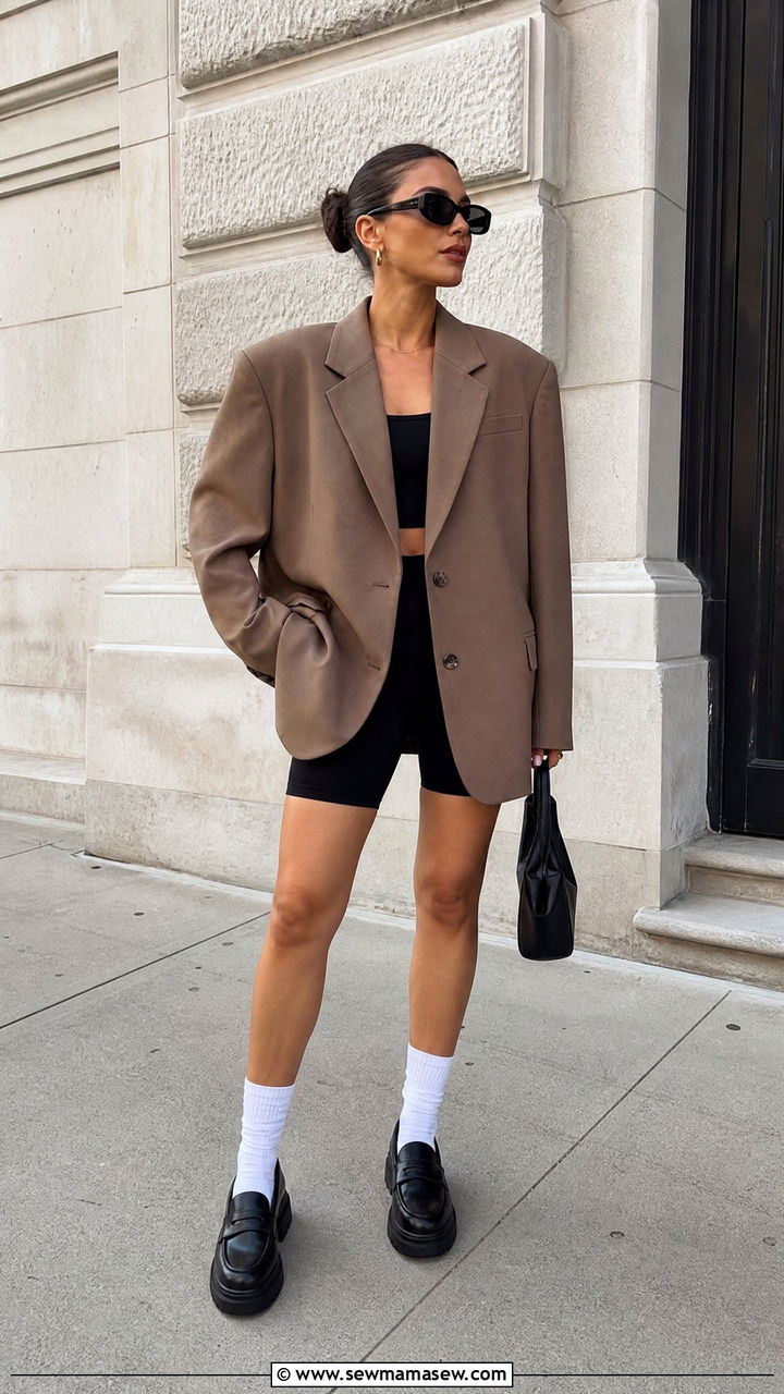 Mocha Mousse Oversized Blazer With Biker Shorts - 25 Mocha mousse outfit ideas