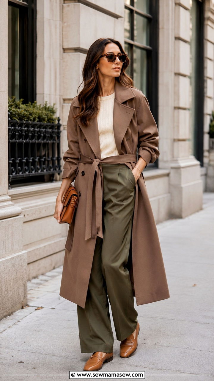 Mocha Mousse Trench Coat With Olive Green Wide Leg Trousers - 25 Mocha mousse outfit ideas