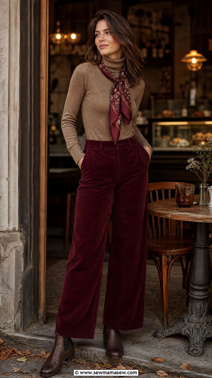 Mocha Mousse Turtleneck With Burgundy Corduroy Pants - 25 Mocha mousse outfit ideas