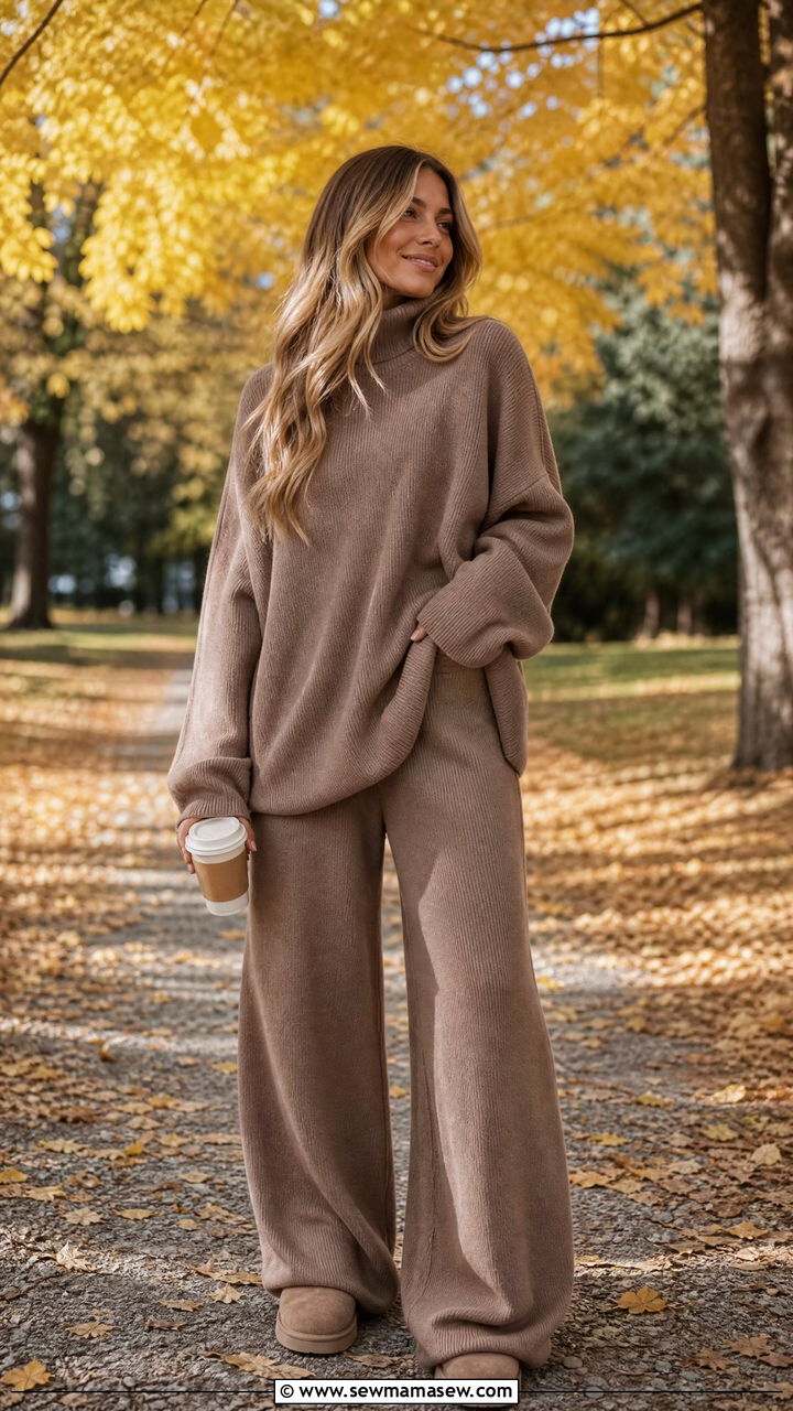 Mocha Oversized Sweater and Wide Leg Pants Matching Set - 25 Matching set outfit ideas neutral