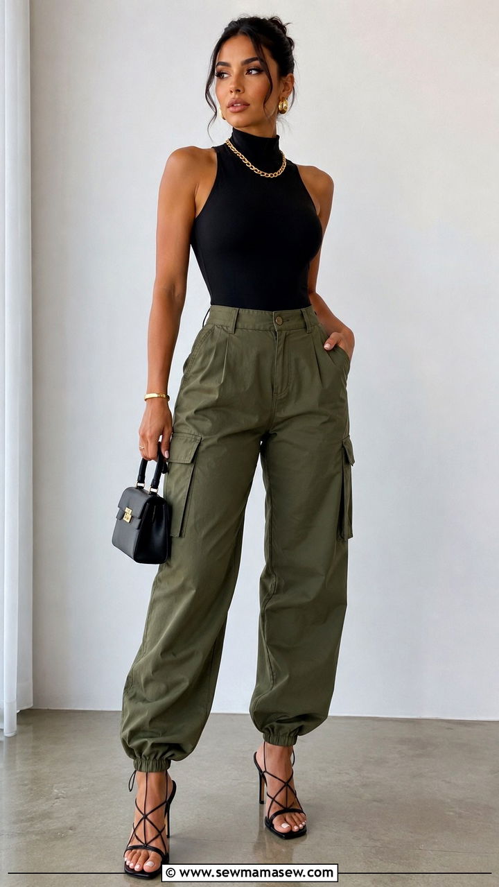 Mock Neck Bodysuit With High Waisted Cargo Pants And Strappy Heels Outfit - 30 casual glamoratti outfits