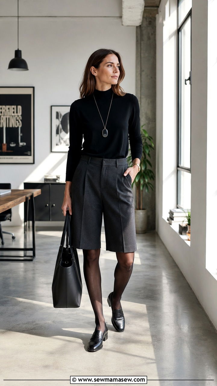 Mock Neck Long Sleeve Top with Tailored Shorts - 30 business casual outfits ideas
