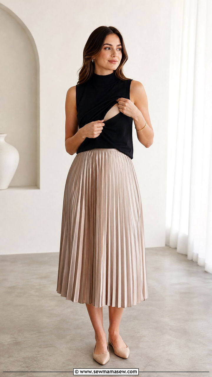 Mock Neck Sleeveless Nursing Top with Pleated Midi Skirt and Pointed Flats - 25 Pumping friendly work outfits