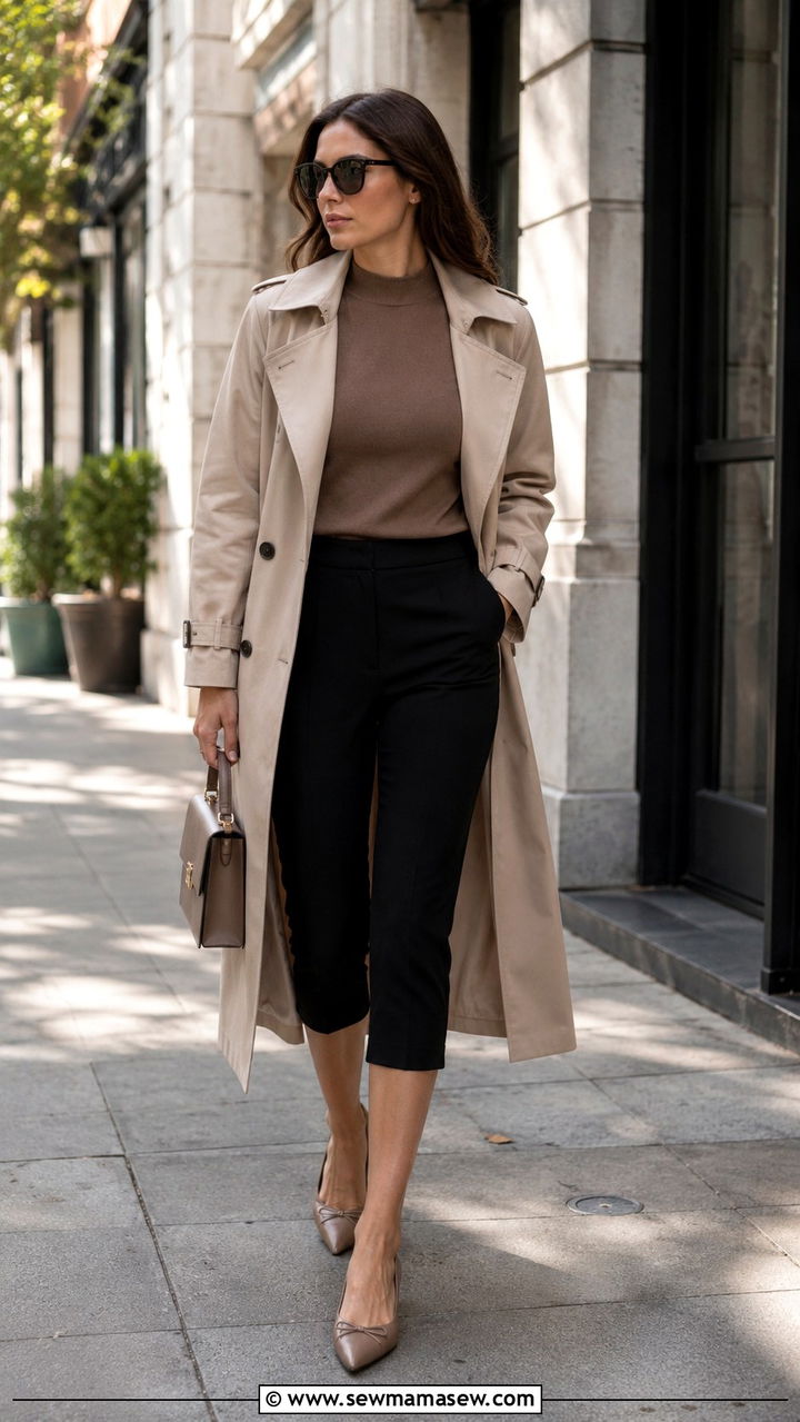 Mock Neck Sleeveless Top with Capri Pants and a Trench Coat - 20 summer to fall outfits trends