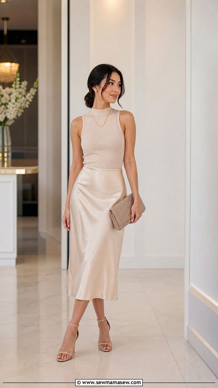 Mock Neck Sleeveless Top with Satin Midi Slip Skirt - 30 Clean girl outfits for petite women