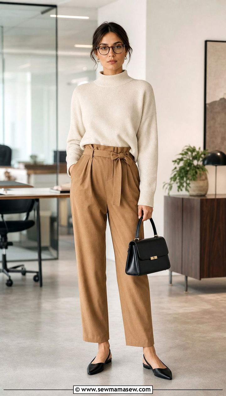 Mock Neck Sweater And Paperbag Waist Trousers - 25 cute librarian core outfits