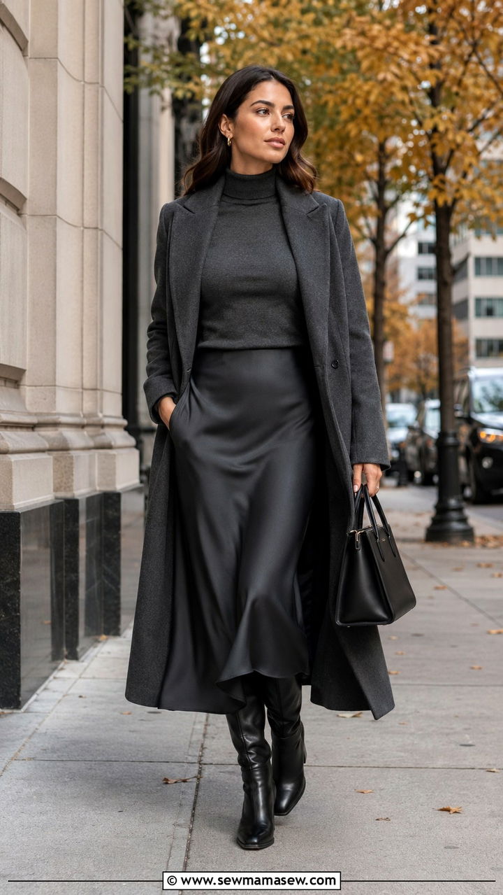 Mock Neck Sweater With Satin Midi Skirt and Boots - 30 Satin midi skirt outfit ideas for work