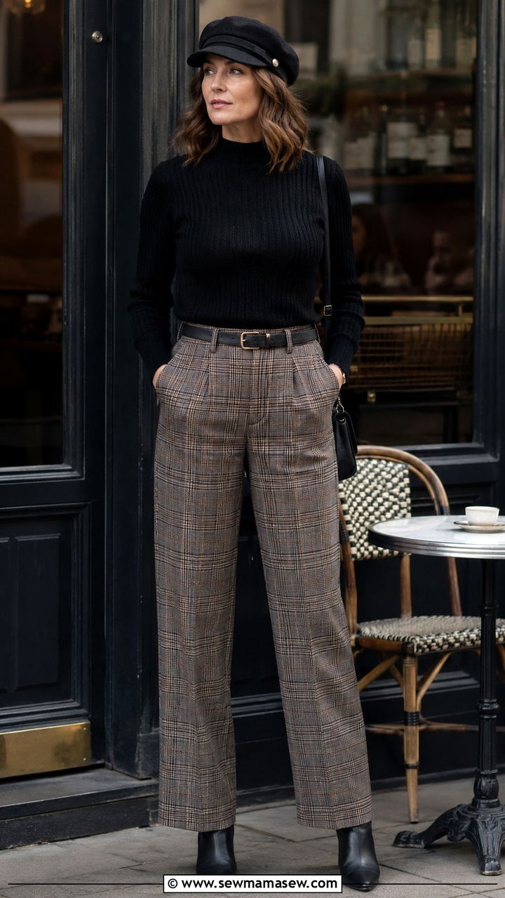 Mock Neck Sweater and High Waisted Plaid Trousers with Ankle Boots - 20 dark academia outfit ideas for women over 40
