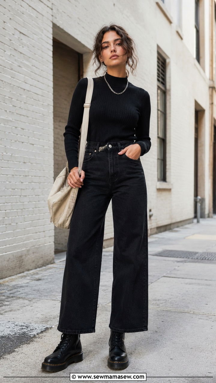 Mock Neck Sweater and Wide Leg Jeans With Combat Boots - 25 Wide leg jeans outfit ideas with a sweater