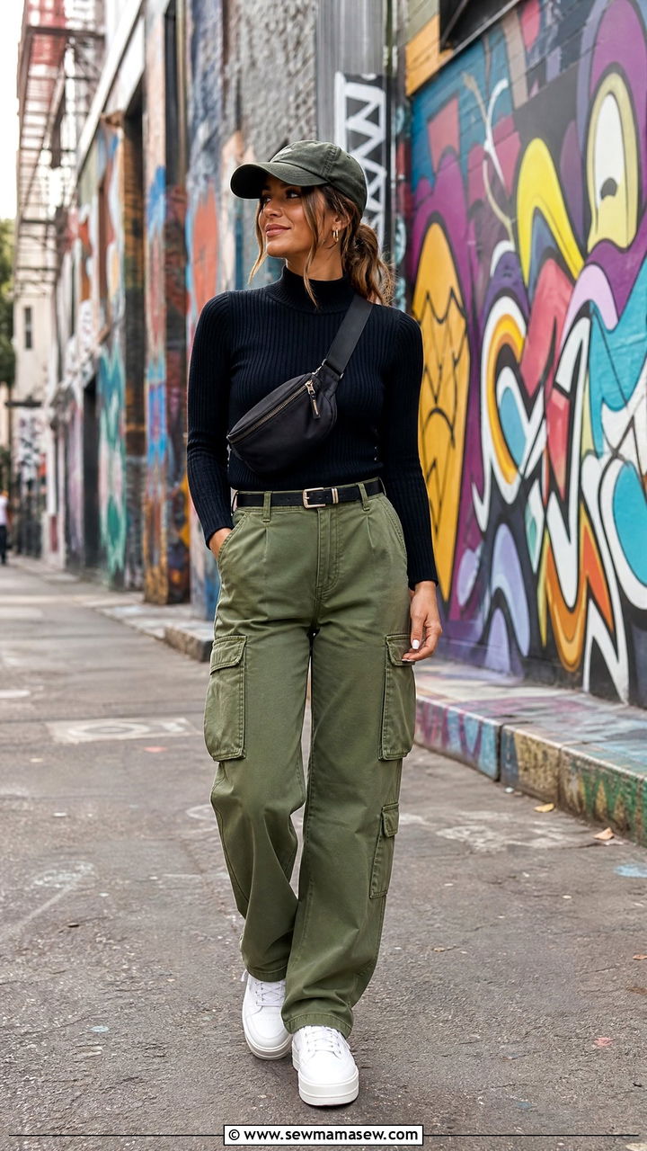 Mock Neck Sweater with Cargo Pants and Sneakers - 35 How to style a sweater in spring