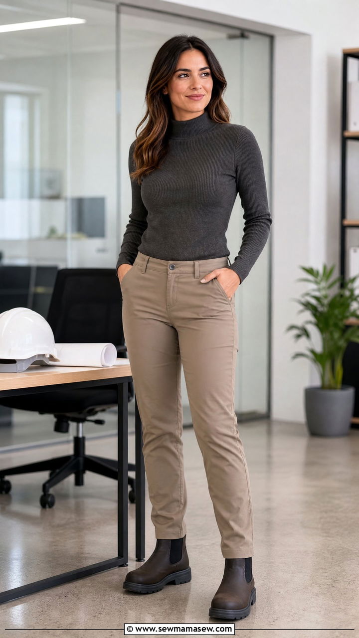 Mock Neck Sweater with Twill Work Pants and Chelsea Style Safety Boots - 30 Construction site outfit ideas for women