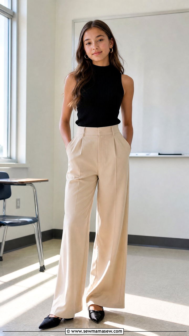 Mock Neck Tank With High Waist Trousers Outfit For Middle School First Day - 25 First day of middle school outfit ideas
