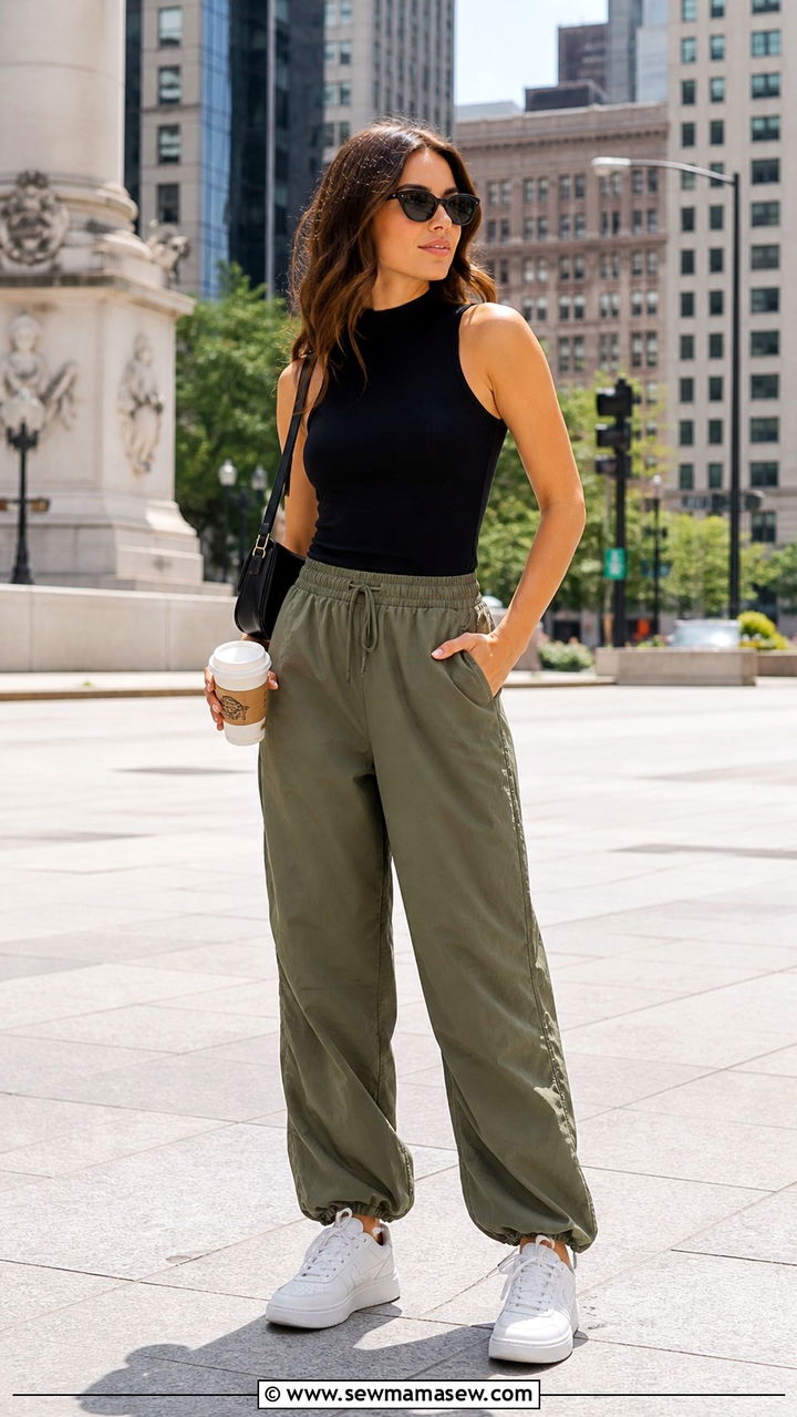 Mock Neck Tank and Parachute Pants - 40 summer sporty chic outfits