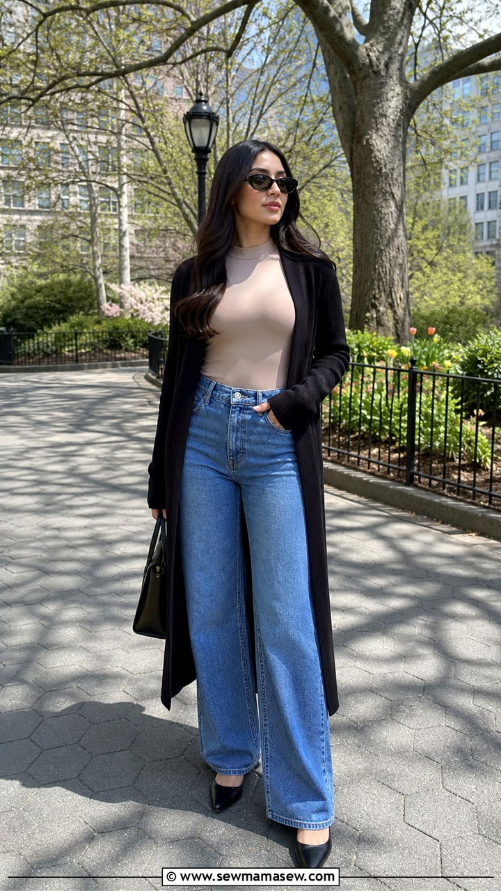 Mock Neck Top And Long Cardigan With Wide Leg Jeans - 40 spring outfits for moms
