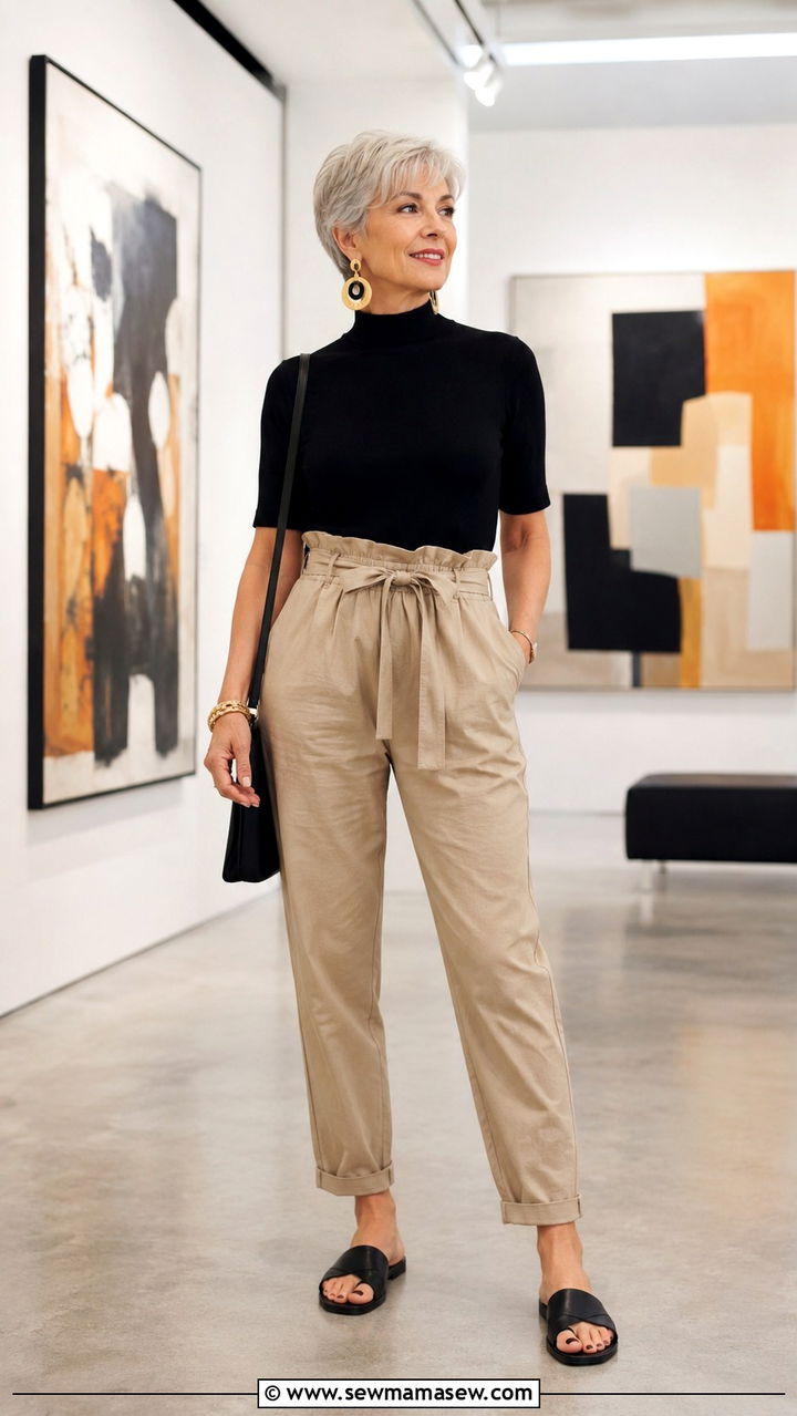 Mock Neck Top Paperbag Pants - 30 Cute outfits for women over 50