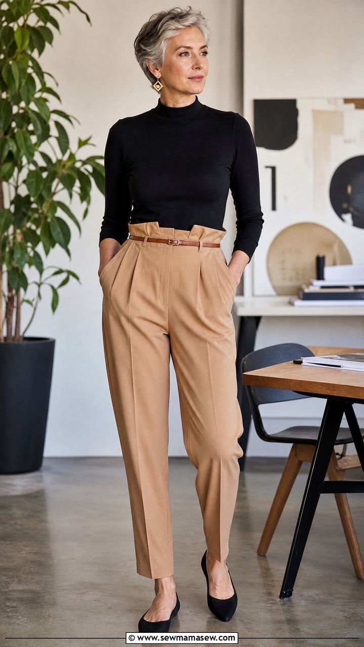 Mock Neck Top With Paperbag Trousers - 30 Minimalist outfits for women over 50