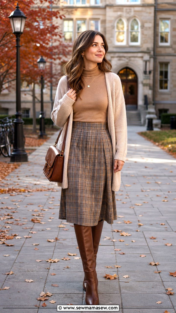 Mock Neck Top With Plaid Skirt And Cardigan - 40 light academia outfits for women
