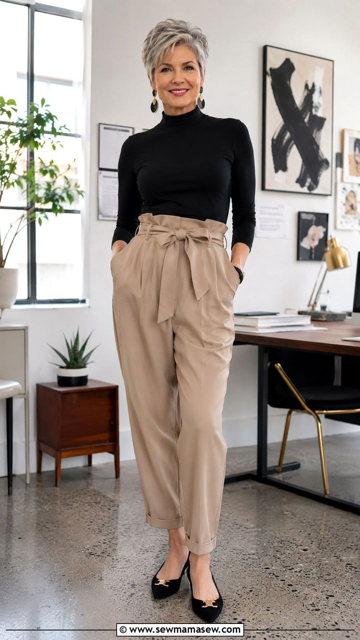 Mock Neck Top with Paperbag Pants Outfit - 30 Trendy outfits for women over 50