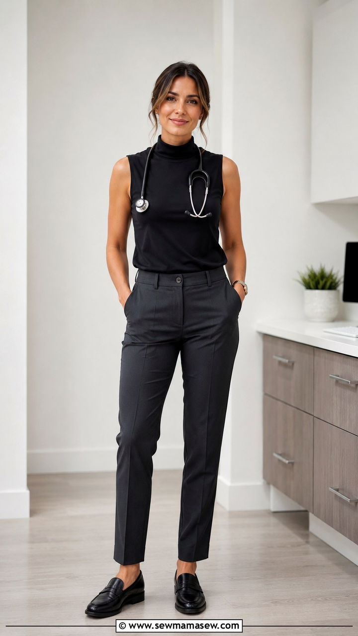 Mock Neck Top with Tailored Trousers and Loafers - 25 Nurse practitioner outfit ideas