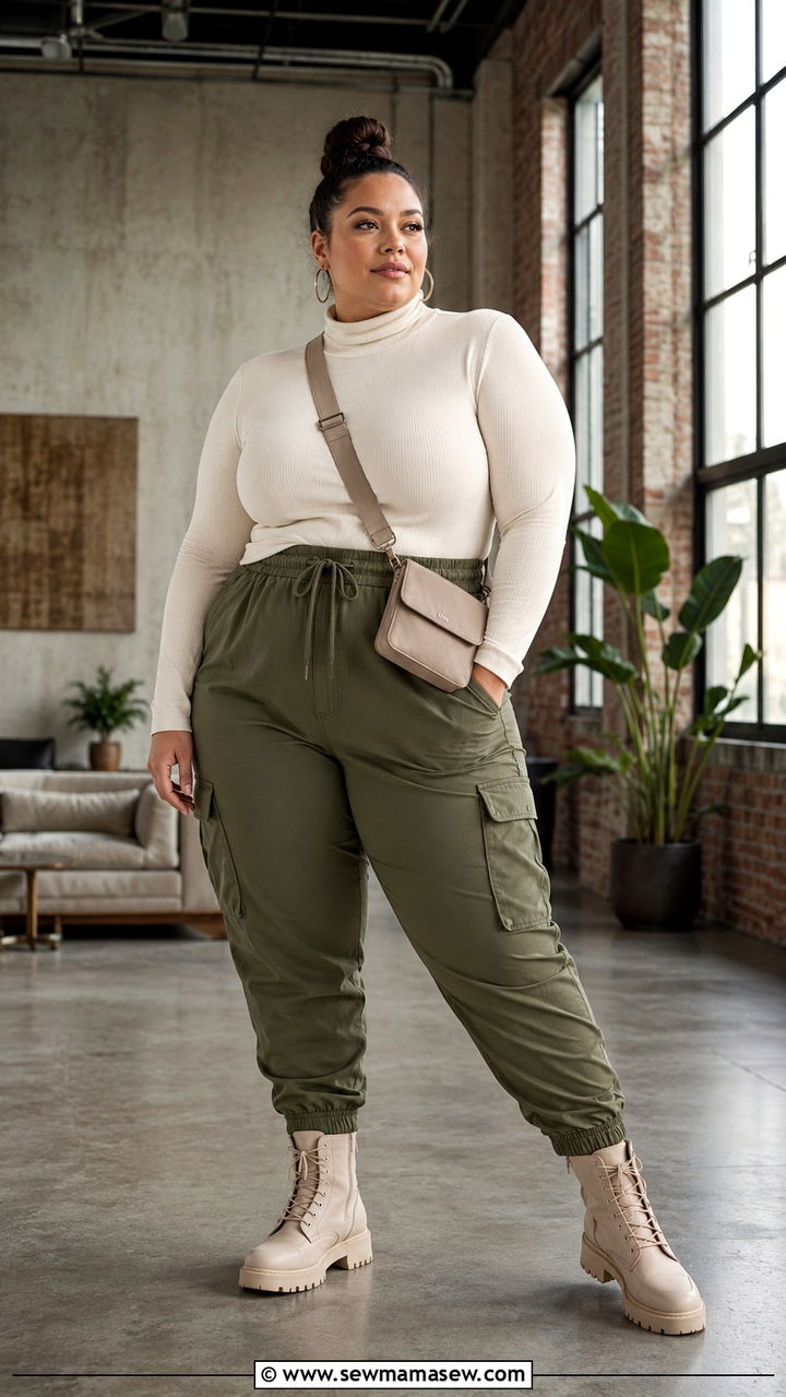 Mock Turtleneck and Cargo Joggers - 30 Plus size loungewear outfit ideas