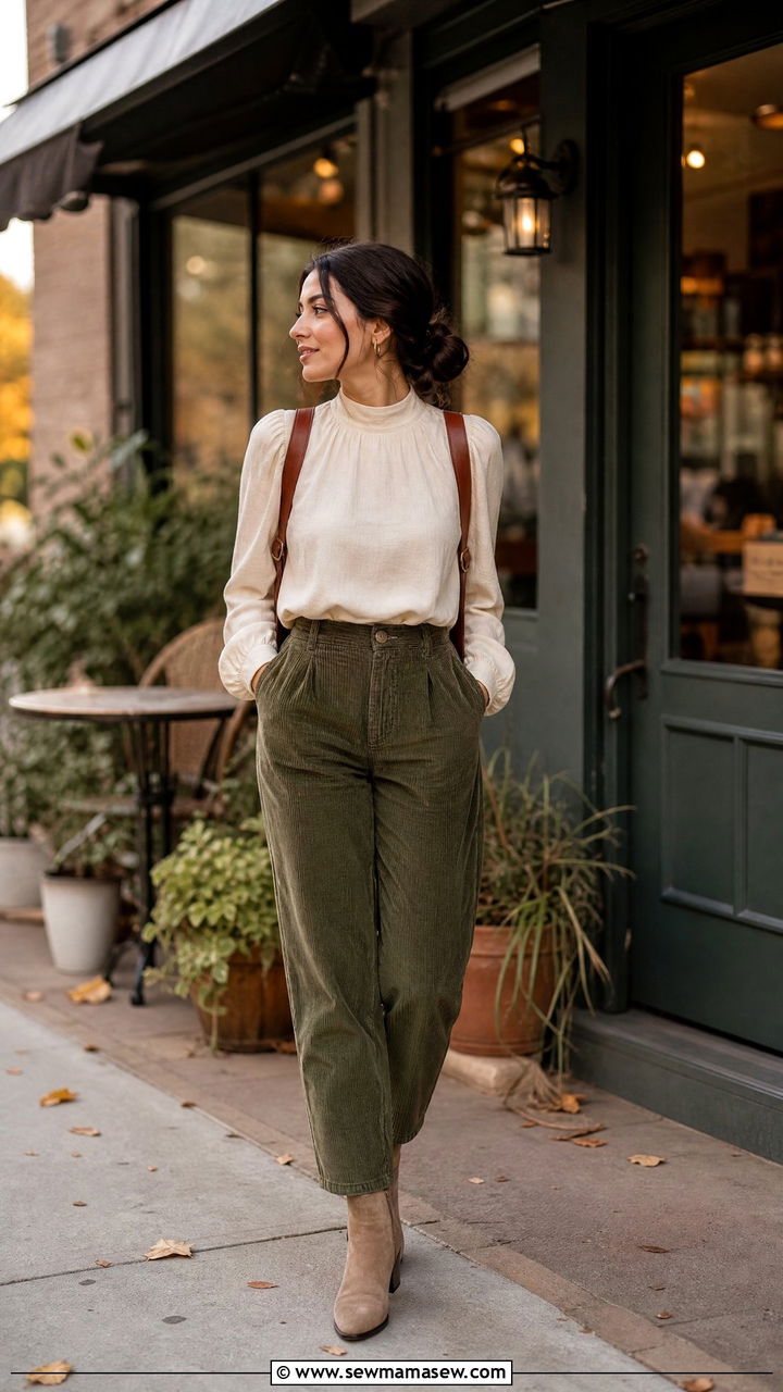 Mock neck blouse and high waisted corduroys - 30 modest brunch outfit ideas