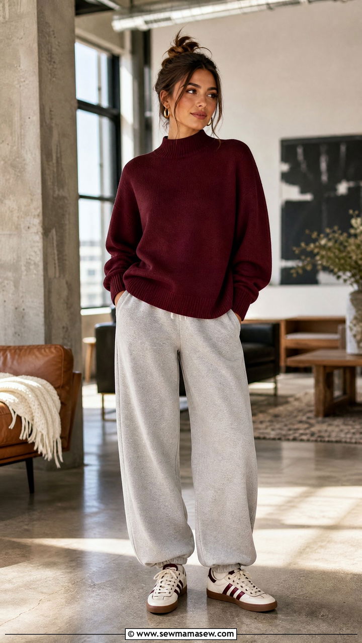 Mock neck sweater and barrel leg sweatpants - 30 Cozy loungewear outfit ideas