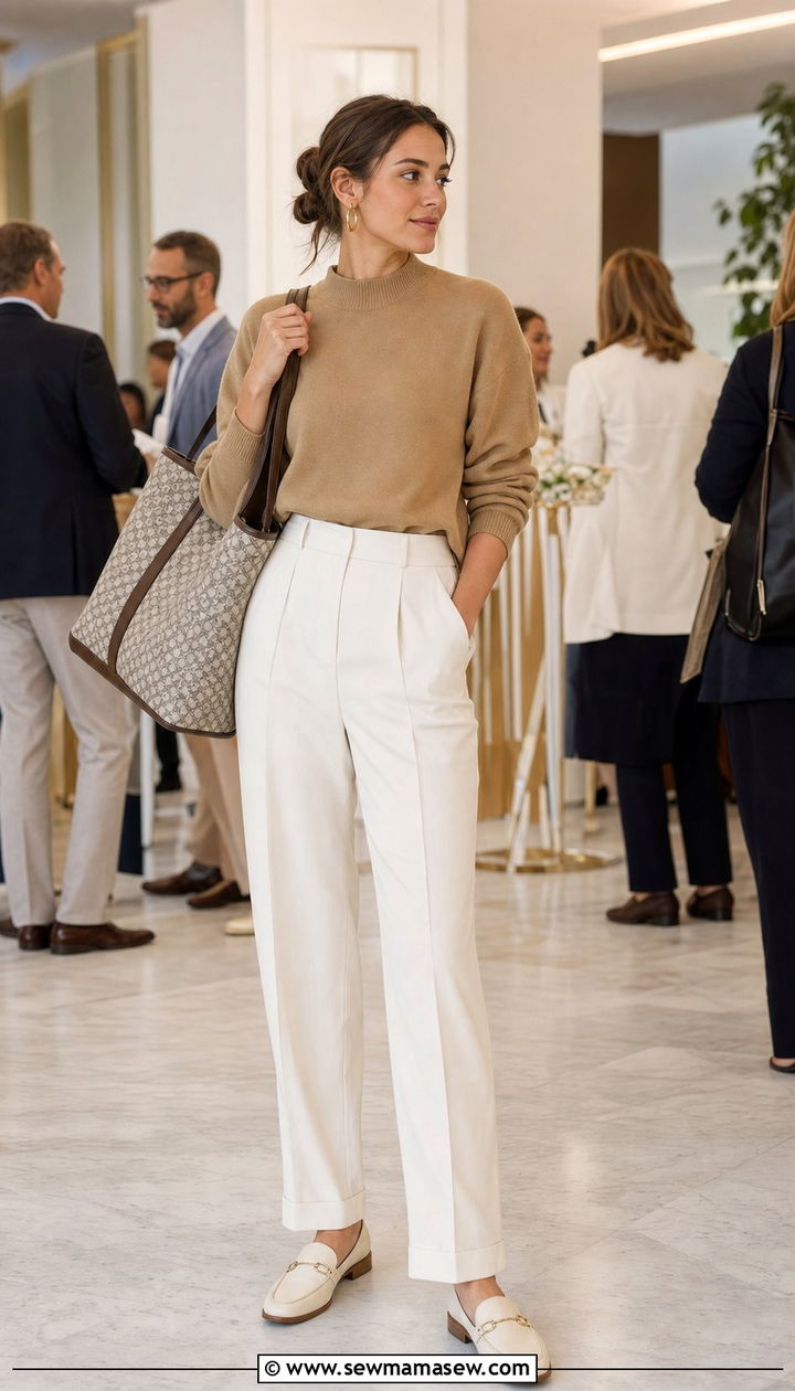 Mock neck sweater and white pleated trousers with loafers outfit - 25 spring light academia outfits