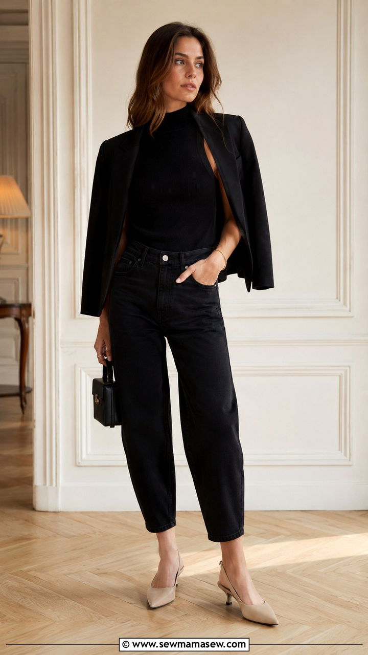 Mock neck sweater with barrel jeans and kitten heels - 25 Barrel jeans outfit ideas with a sweater