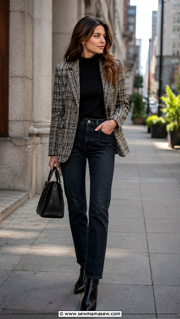 Mock neck sweater with blazer and dark jeans - 30 Sweater outfit ideas for women over 40