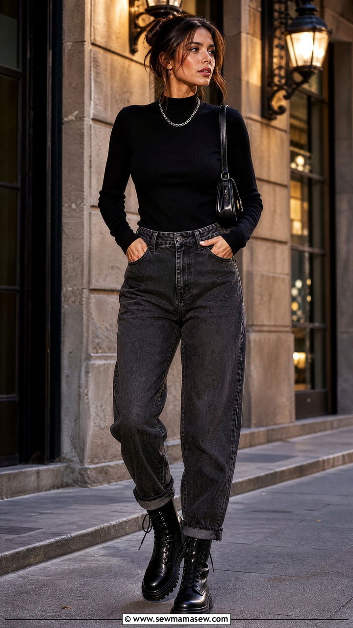 Mock neck sweater with boyfriend jeans and combat boots - 25 Boyfriend jeans outfit ideas with a sweater