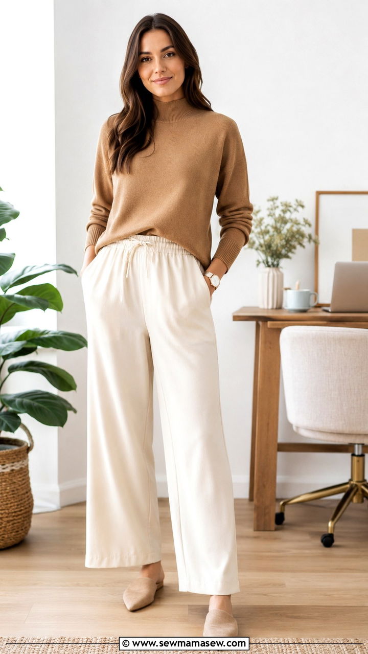 Mock neck sweater with elastic waist wide leg trousers - 30 Spring outfit ideas for work from home