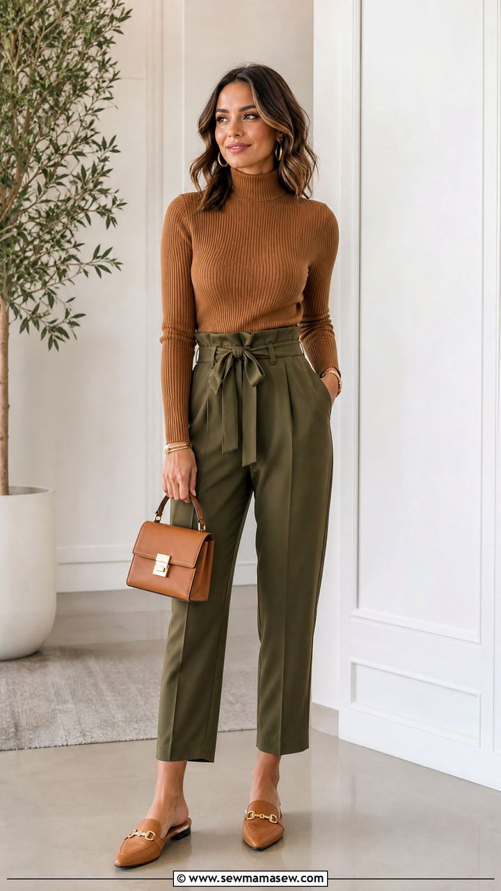 Mock neck sweater with paperbag waist pants outfit - 30 Cozy spring outfit ideas 2026