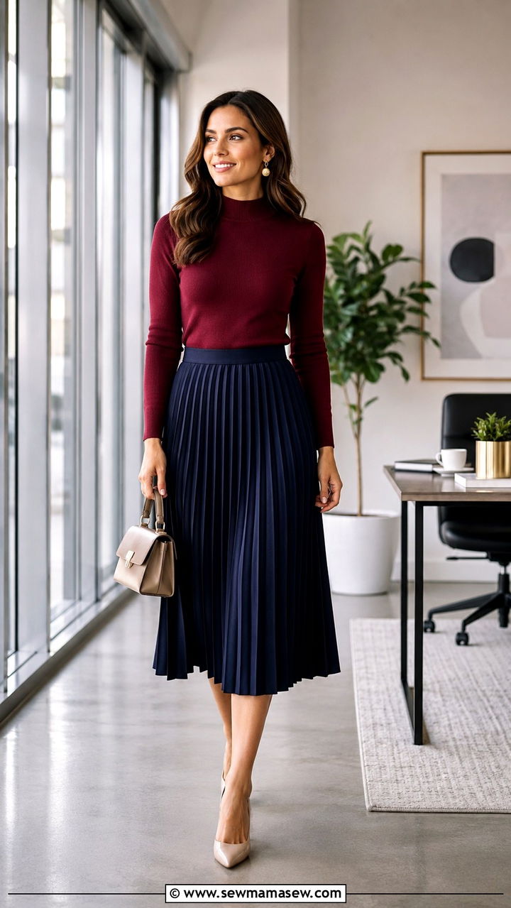 Mock neck sweater with pleated midi skirt and heels - 30 Sweater outfit ideas for work