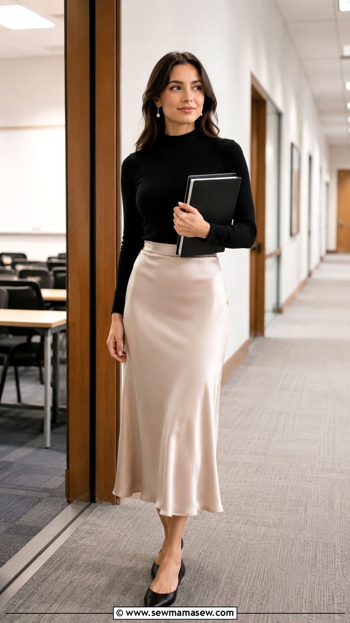 Mock neck top with a satin midi skirt - 30 Law school student outfit ideas