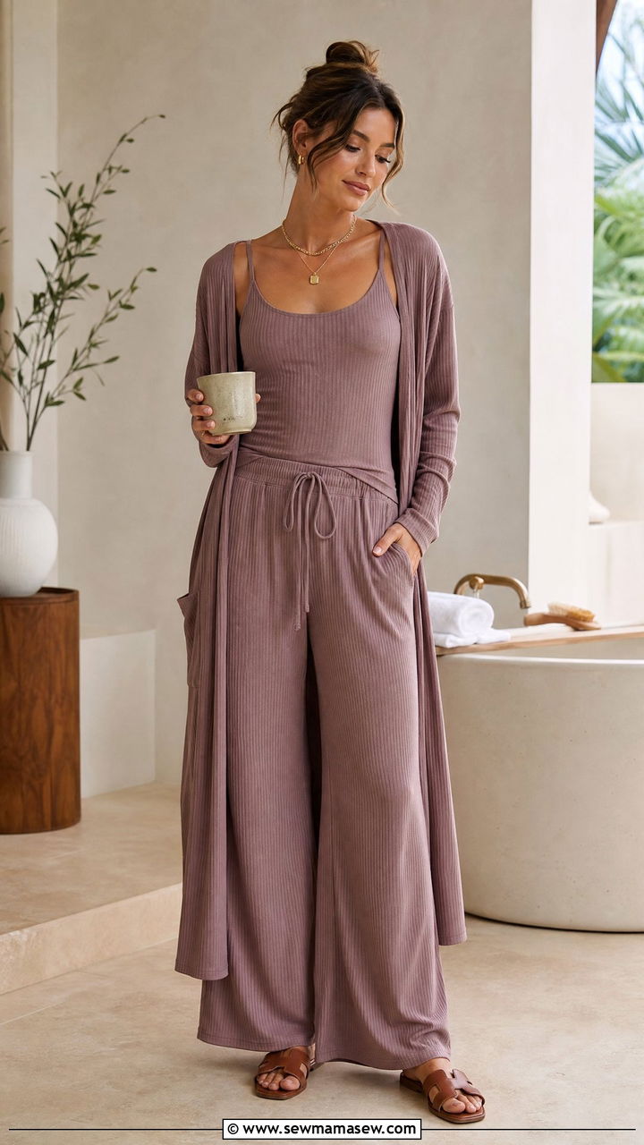 Modal rib lounge set with slide sandals and gold jewelry - 25 Loungewear 3 piece set outfit ideas