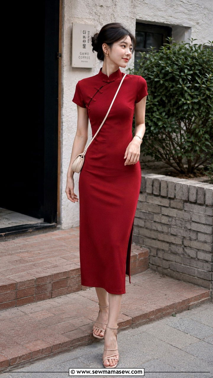 Modern Cheongsam Midi Dress with Strappy Sandals - 30 Lunar new year outfit ideas