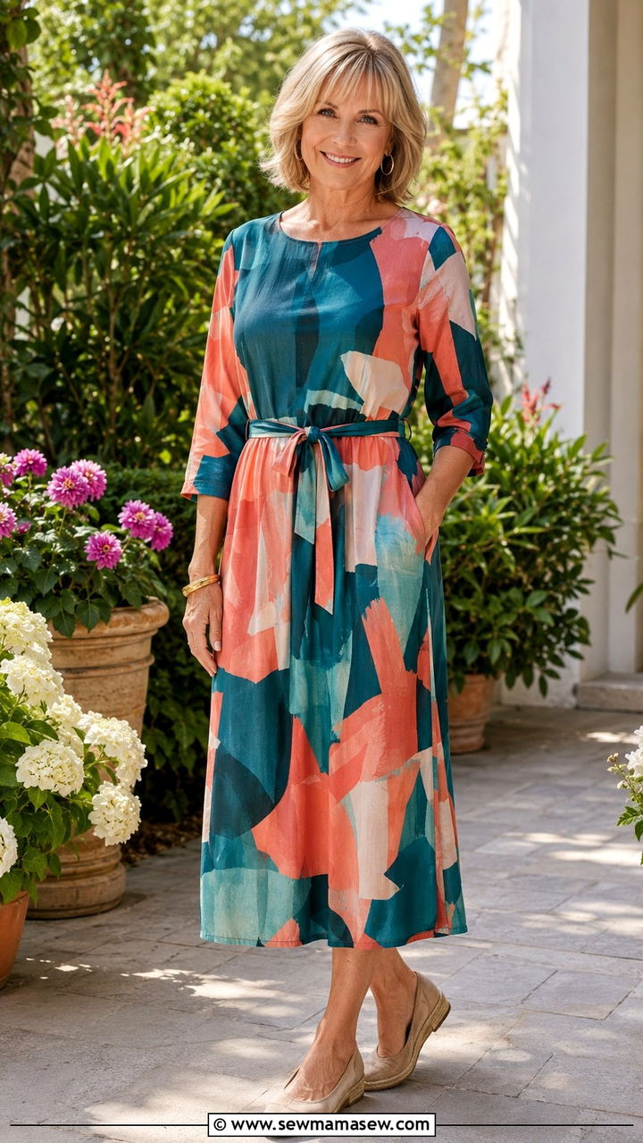 Modern abstract print midi dress outfit after 60 - 20 Fashion mistakes to avoid over 60