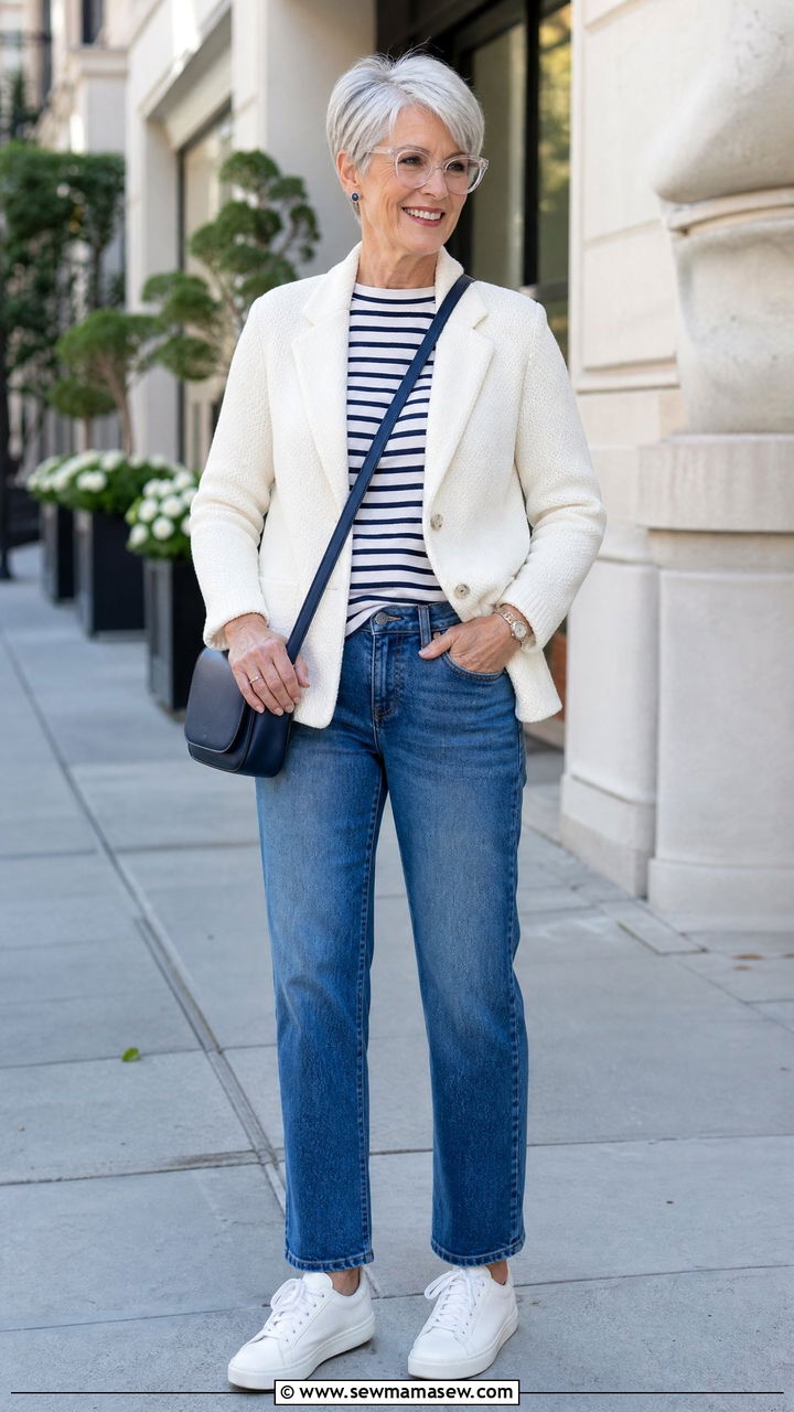 Modern cat eye glasses and casual chic outfit over 60 - 20 Fashion mistakes to avoid over 60