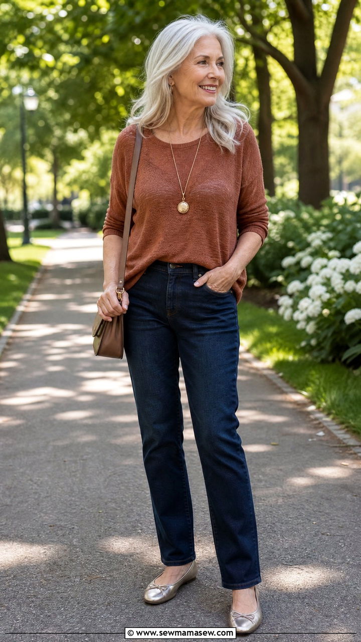 Modern dark wash straight leg jeans and a knit top outfit after 60 - 20 Fashion mistakes to avoid over 60