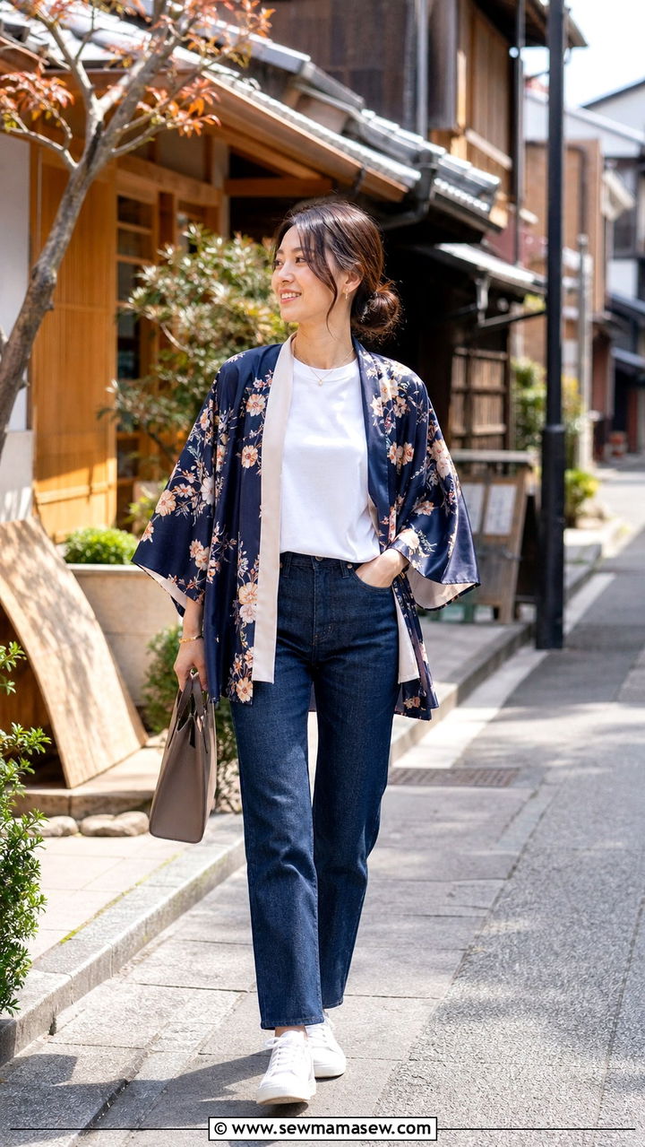 Modern kimono style jacket and straight leg jeans - 40 What to wear in Tokyo