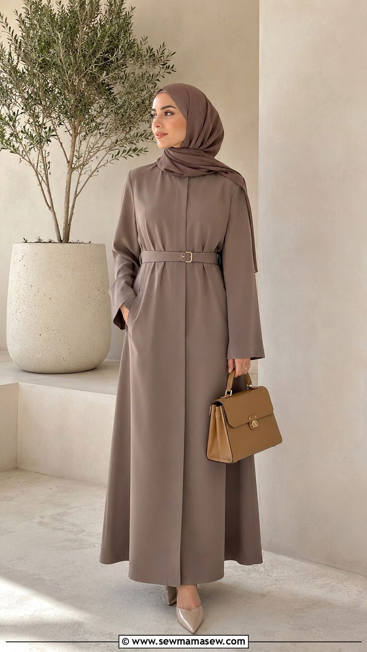 Modern thobe with structured handbag and flats - 20 Modest outfit ideas for mosque visit
