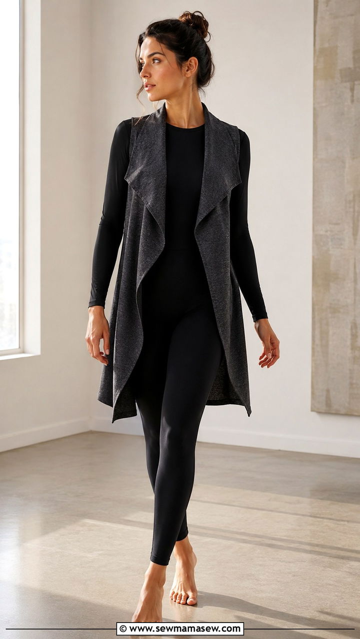 Modest Bodysuit Yoga Outfit Layered Under a Longline Vest - 25 Yoga outfit ideas modest