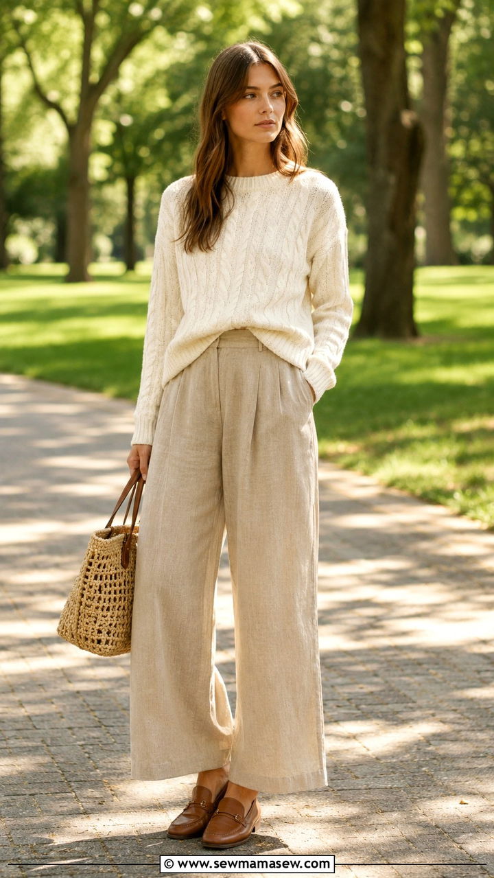 Modest Cable Knit Sweater with Linen Pants - 30 Modest outfit ideas aesthetic