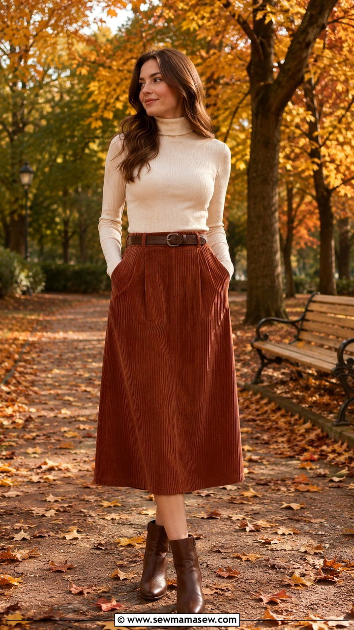 Modest Corduroy Skirt with Turtleneck - 30 Modest outfit ideas aesthetic