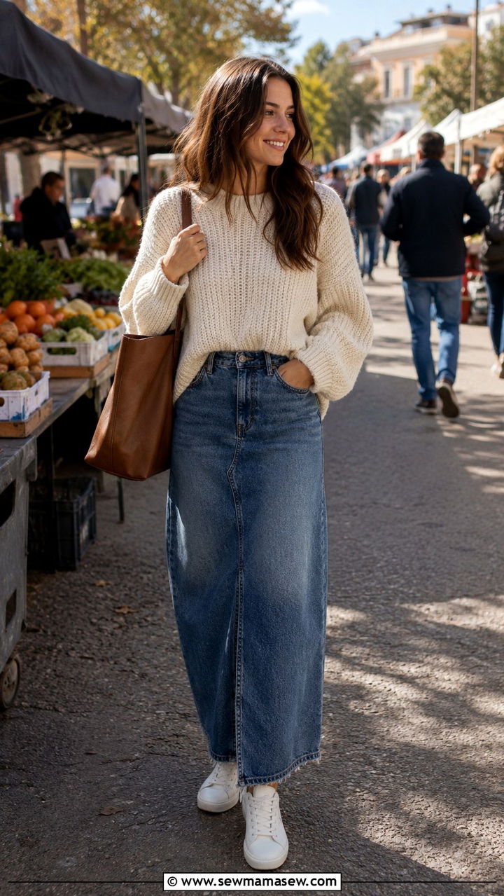 Modest Cozy Sweater with Maxi Denim Skirt - 30 Modest outfit ideas aesthetic