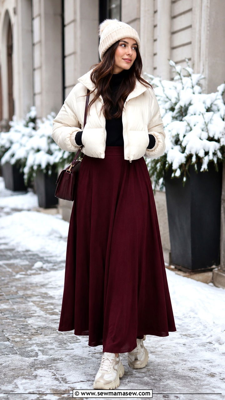 Modest Cropped Puffer Jacket with Maxi Skirt - 30 Modest outfit ideas aesthetic
