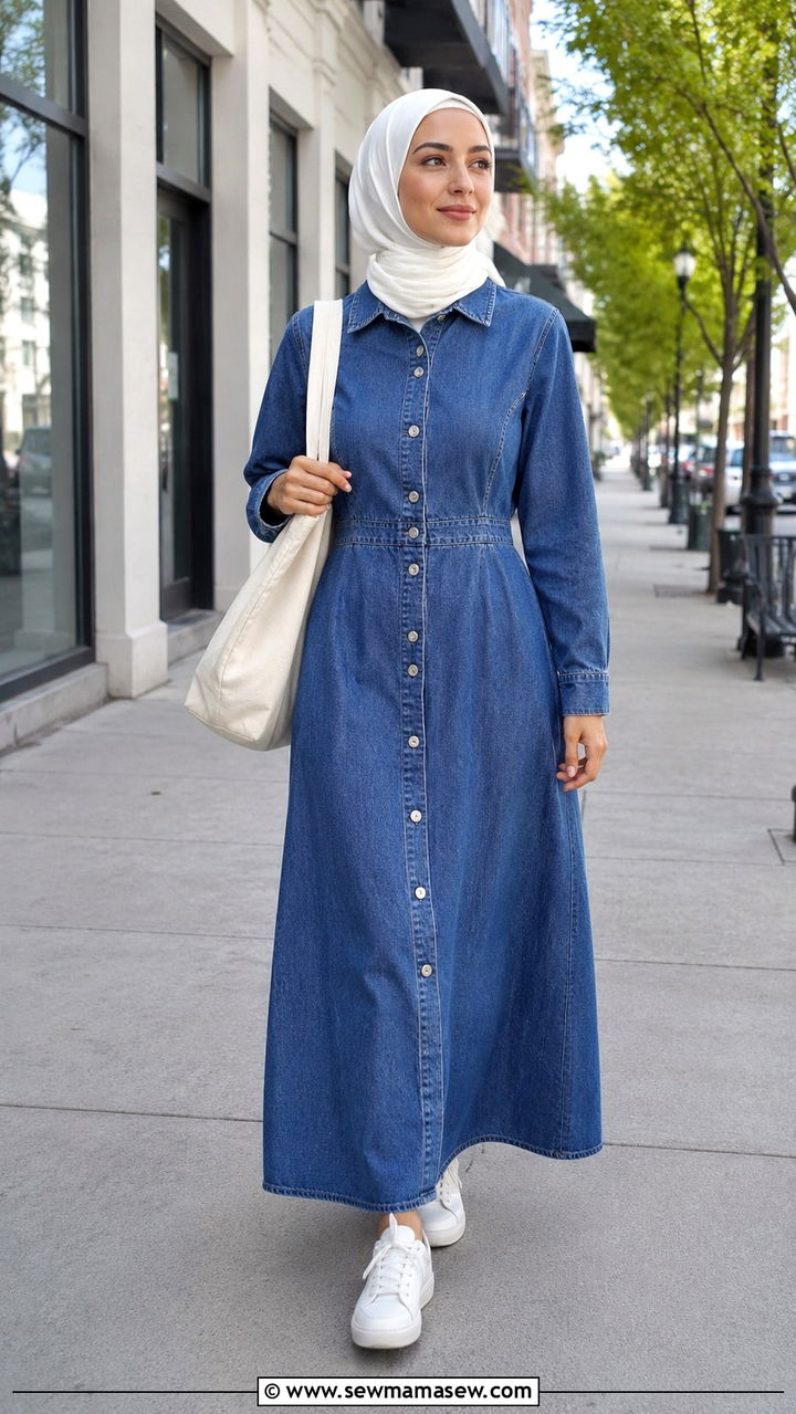 Modest Denim Maxi Dress with White Sneakers - 30 Modest outfit ideas aesthetic
