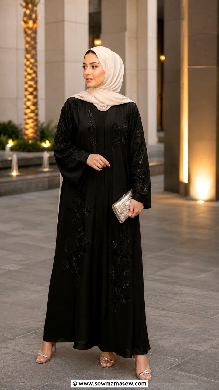 Modest Eid Abaya With Floral Embroidery - 30 Modest Eid outfit ideas