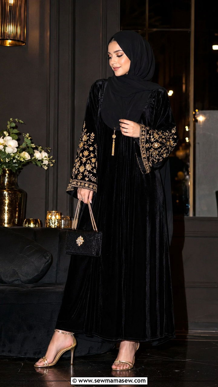 Modest Eid Abaya With Gold Embroidery - 30 Modest Eid outfit ideas